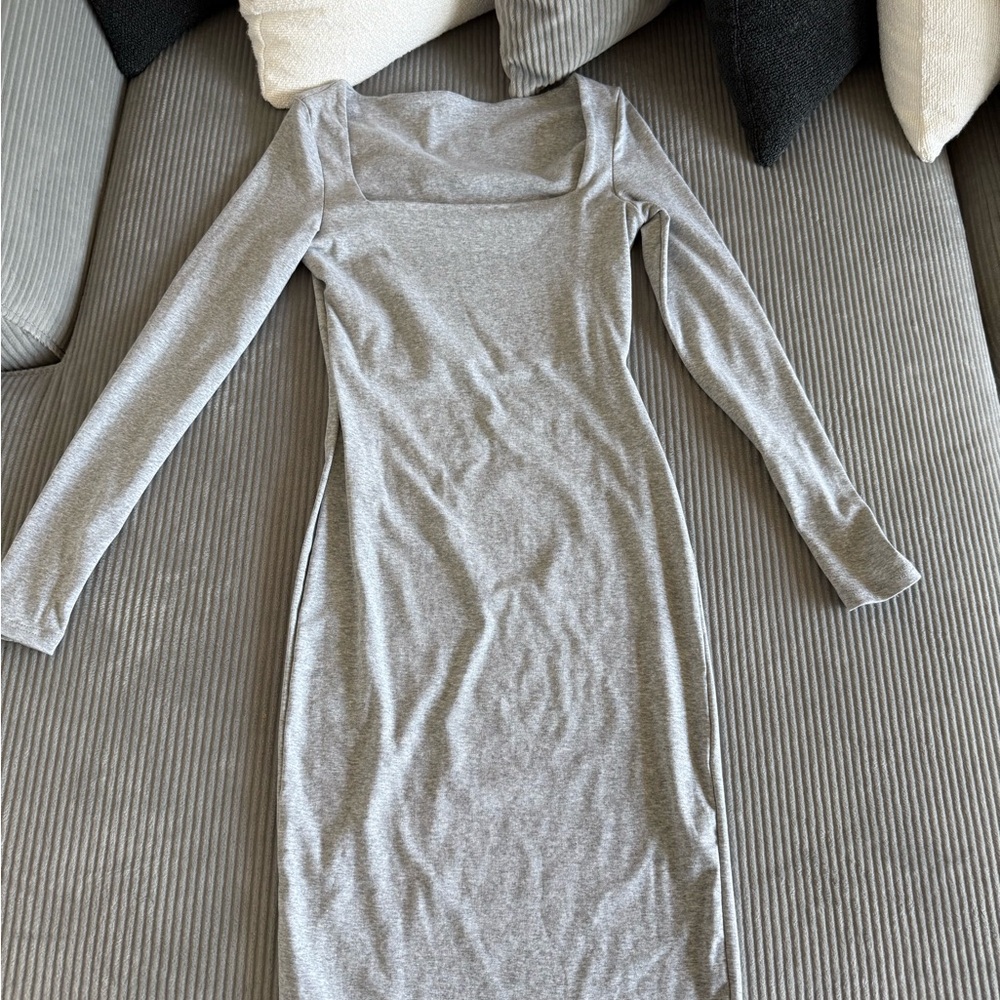 Gray Square Neck Long Sleeve Bodycon Dress